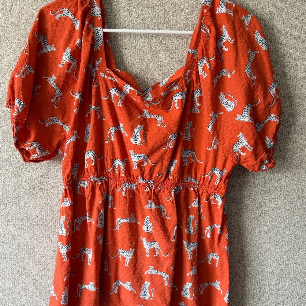 Michelle McDowell Orange Leopard Print Puff Sleeve Smocked Waist‎ Top XXL